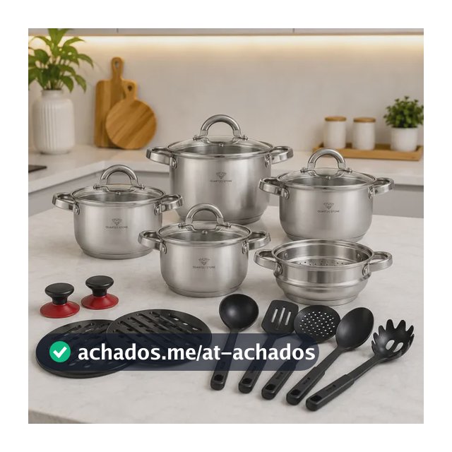 Jogo Panelas Inox 19 Peças Genebra Completo C/ Utensílios Prateado