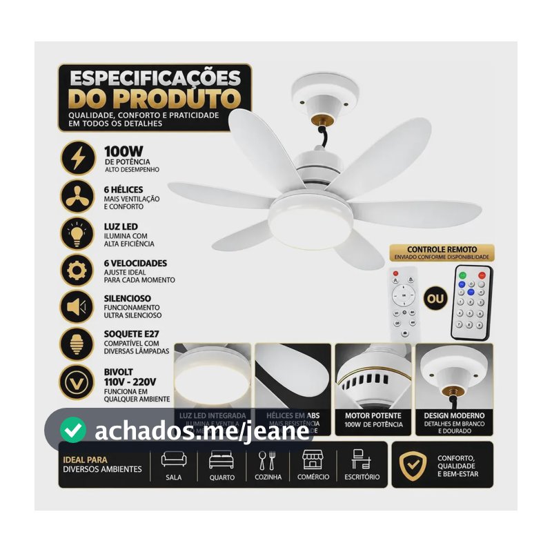Ventilador De Teto Lâmpada Led Com Controle Remoto 45 Cm 80w Branco 127/220v Plástico 5