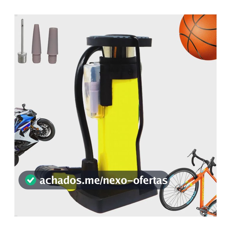 Bomba de Ar com Pedal Premium Profissional Mini Compact Reversível com 3 Bicos para Encher e Calibrar Pneus de Carro Moto Bicicleta Bike Bolas Balões Boias e Colchões Infláveis