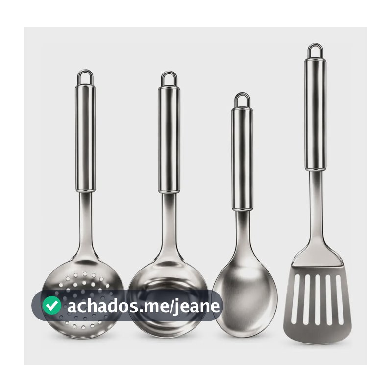 Kit Cozinha Inox 4 Peças Concha Espátula Escumadeira Colher Prateado