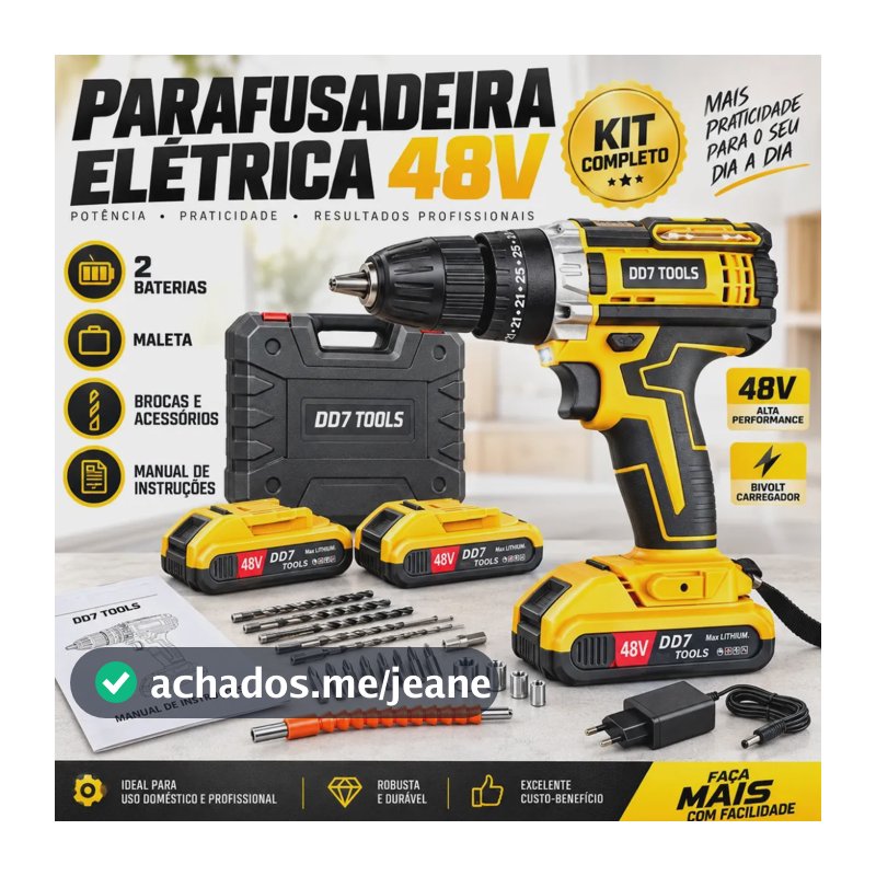 Parafusadeira Furadeira De Impacto Sem Fio 48v 2 Baterias Kit Completo Maleta Acessórios Bivolt Velocidade Ajustável Led Torque Mandril 3/8 Profissional ESPUMA VIVA