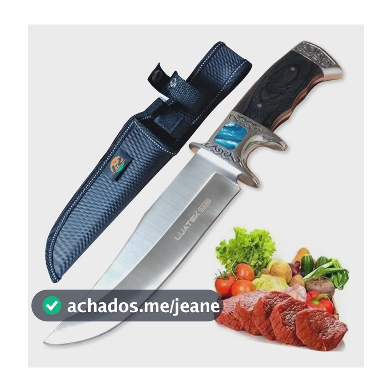 Faca De Caça Pesca Churrasco Luxo Fulltang Inox Com Bainha Cor Pedra Azul