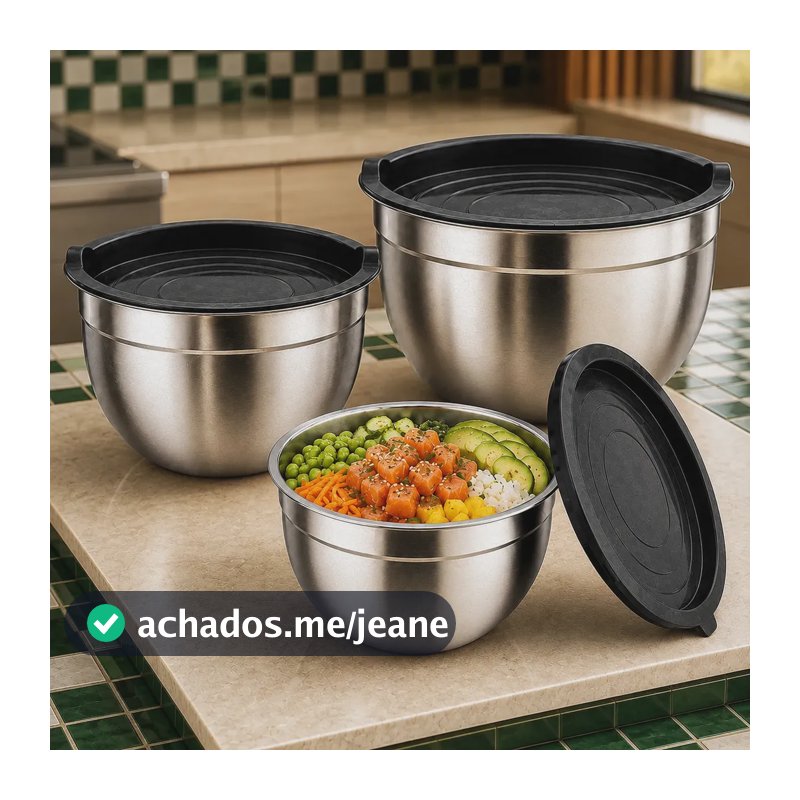 Kit 3 Bowls Inox Com Tampa Tigelas Potes Aço Inoxidável Cozinha Saladeira Recipientes Para Alimentos Preparo Armazenamento Organização Praticidade No Dia A Dia Prateado