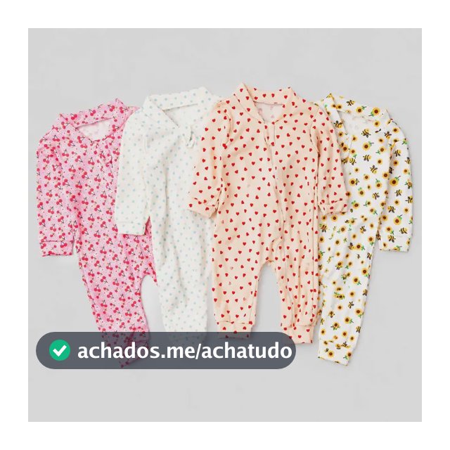 Kit 4 Macacão Canelado Estampado Bebê Zíper Menino E Menina