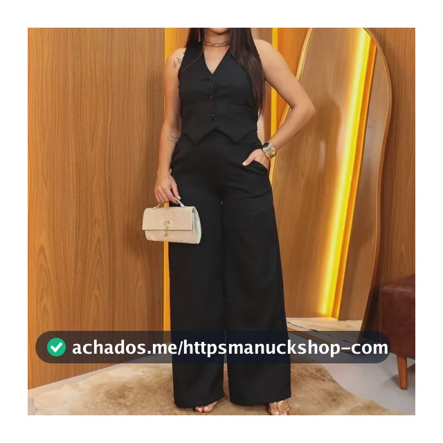 Conjunto Calça Pantalona Alfaiataria Feminino Colete Social Preto Liso G