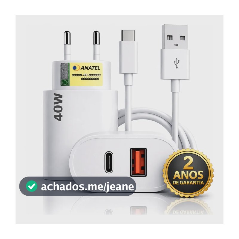 Carregador Turbo 2 Portas Usb-c + Usb Normal Bivolt Compatível iPhone 15 16 17, Xiaomi, Samsung, Motorola, LG Com Cabo 1m Tipo C Para C Carregamento Rápido Controle De Temperatura Seguro Scorpion
