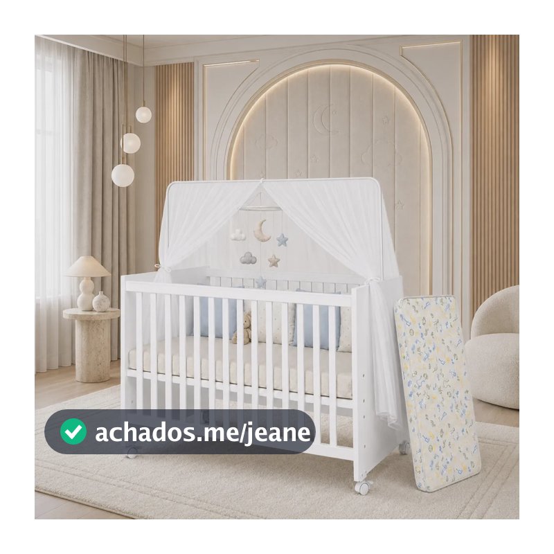 Berço Funcional Móveis Bela Sonho Branco Com Colchão e Rodas