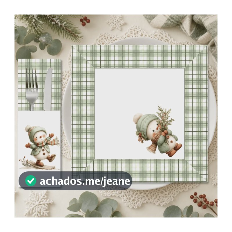Kit Mesa Posta Tema Natal C/ 12 Guardanapo + 12 Porta Talher Estampa Boneco De Neve Verde