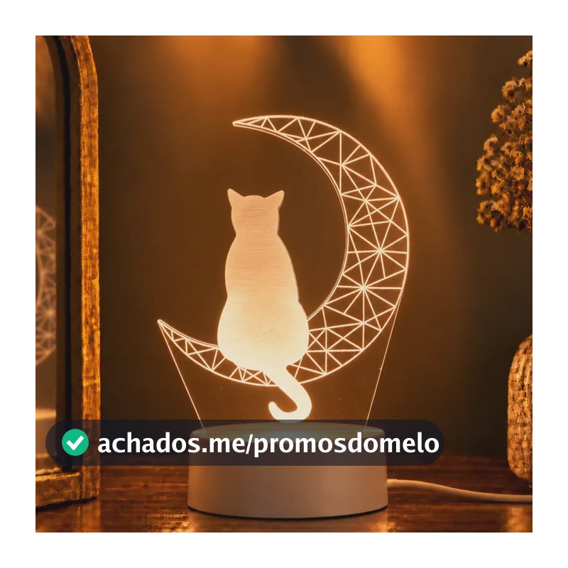 Luminária Led Gato Sozinho Na Lua - Abajur De Mesa Branco Branco