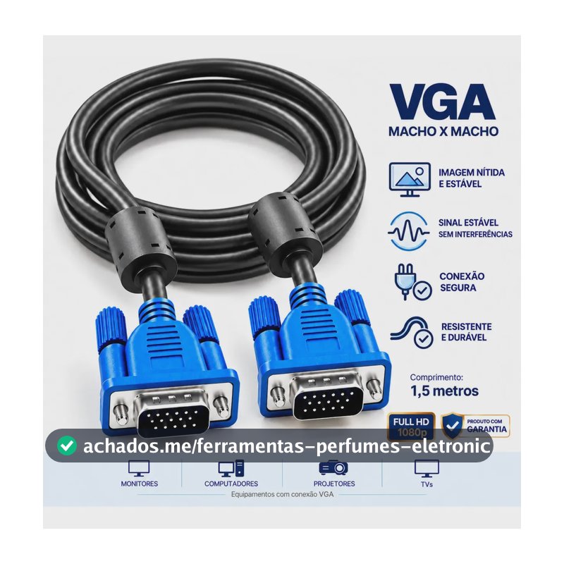 Cabo Vga 1,5m Macho X Macho Com Filtro Para Monitor Pc Tv Projetor Notebook 15 Pinos Conexão Estável Alta Qualidade Imagem Nítida Compatível Com Tela Externa Uso Residencial Profissional Eletric Teck