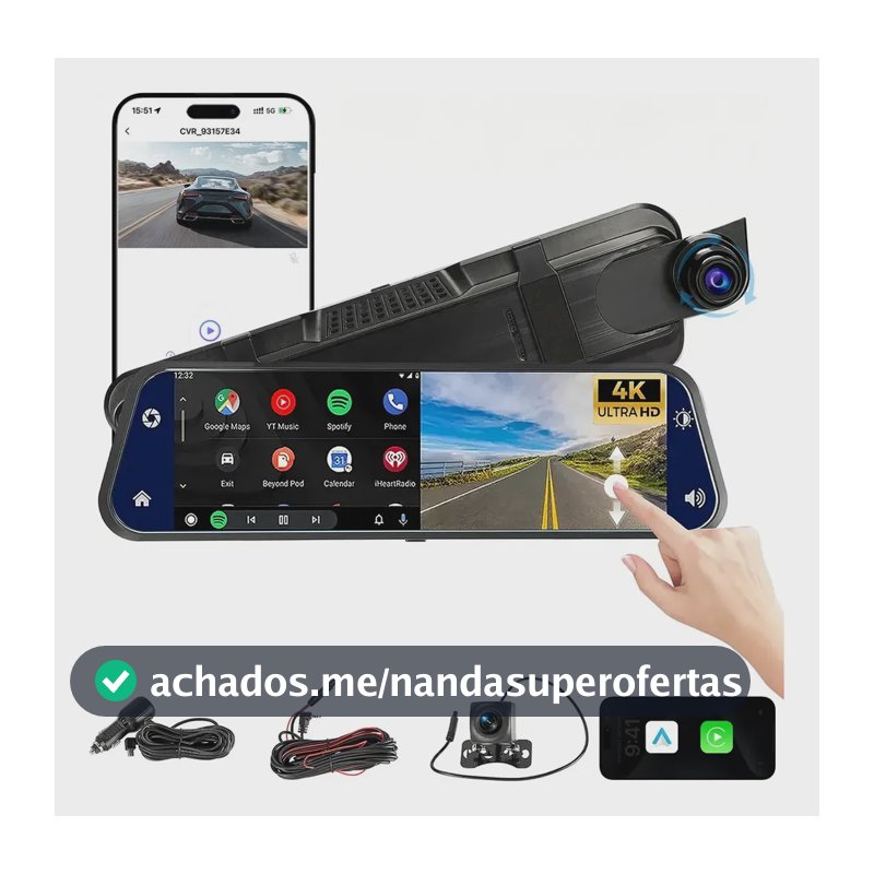 Câmera Veicular Automotiva Carro Com Wifi 4k+1080p Tela 10in