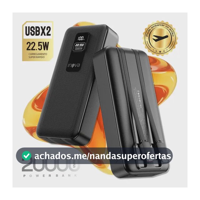 Inova Power Bank 20000mAh Carregador Portátil 22.5w Turbo Rápida Com Cabos LED Display Universal Para Celulares iPhone 17/16/15/14/13/12 Samsung Galaxy S24/S23/S22/S21/A55/A54 Motorola Moto G - Preto