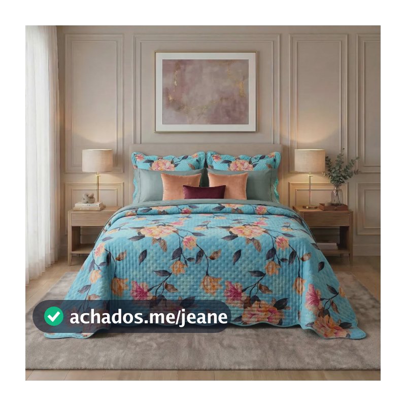Kit Colcha 3 Peças Cobre Leito Dupla Face Floral Toque Macio Azura