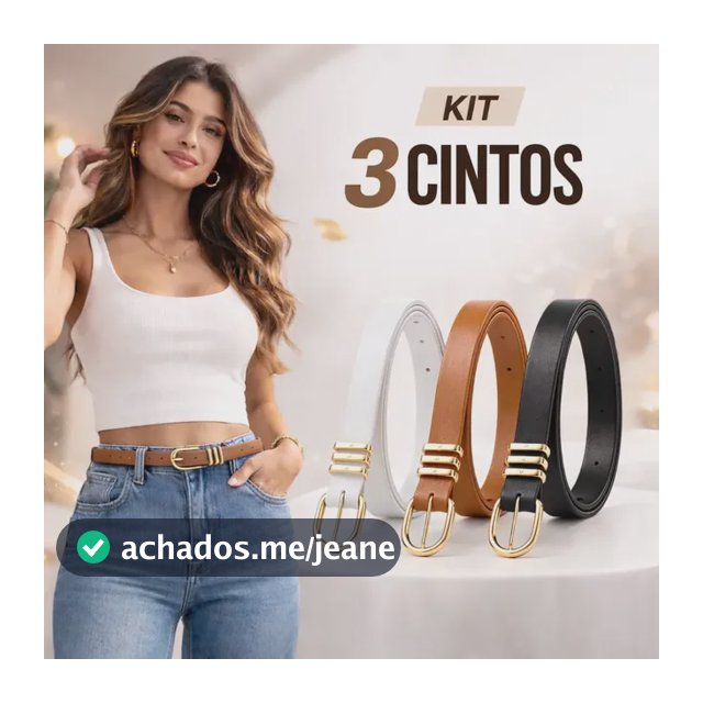 Kit 3 Cintos Femininos Com  Fivela E Passador Triplo Dourado Colorido Lisa Adulto