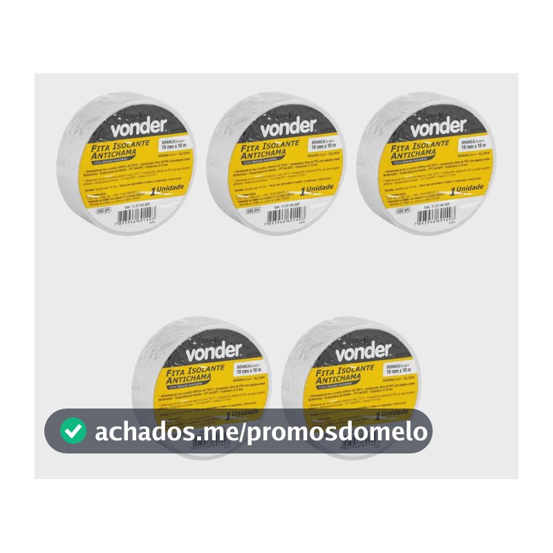 Kit 5 Fitas Isolantes, 19,0 Mm X 10 Metros Brancas - Vonder Branco Lisa