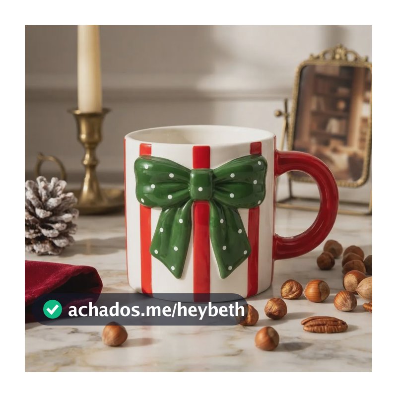 Caneca Natalina Cerâmica Laço 13cm Presente Decoração Natal