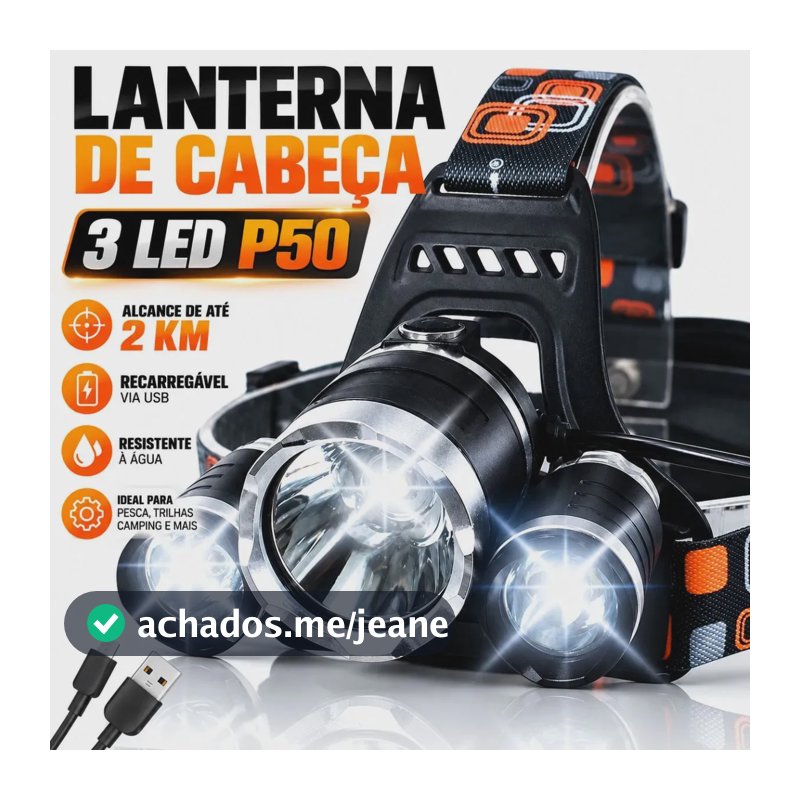 Lanterna de Cabeça 3 LED P50 Recarregável Profissional USB-C 9000mAh Zoom Ajustável Alcance Até 2Km 4 Modos Luz Forte Para Camping Trilha Pesca Trabalho Aventura Ciclismo e Uso Noturno ao Ar Livre Pro