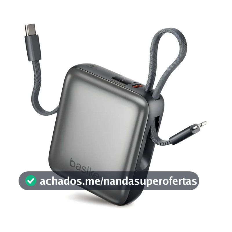 Carregador Portátil Power Bank Basike 10000mAh 22.5W Rápido 4 Saídas Cabo Embutido Display iPhone Samsung
