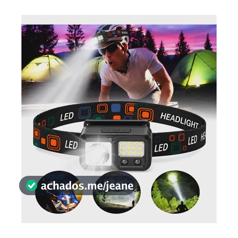 Lanterna De Cabeça Led Recarregável Com Sensor Prova D'água Branco Preto