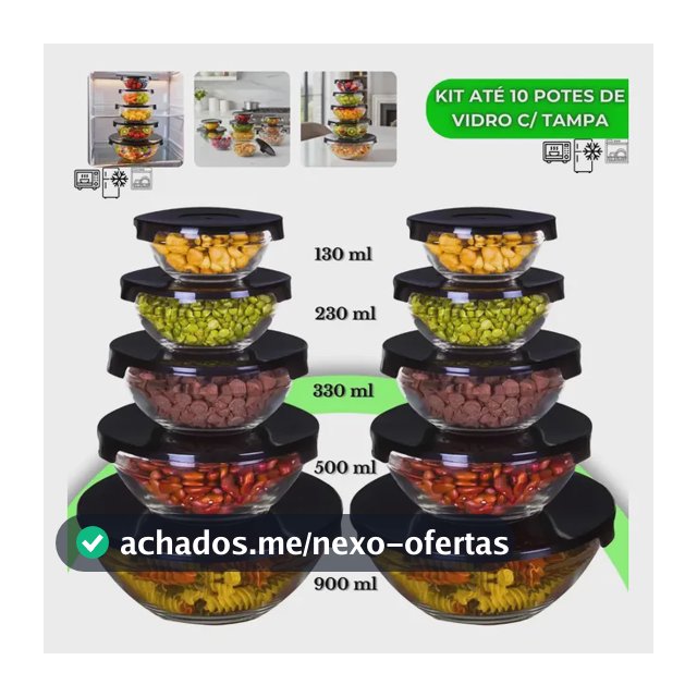 Kit 10 Potes De Vidro Hermético Com Tampa Tigela Redondo Freezer Micro-ondas Marmita Ideal para Alimentos e Refeições VYROX