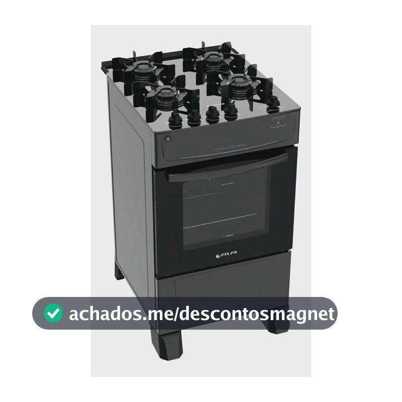 Fogão 4 Bocas Atlas Mônaco Top Glass com Mesa de Vidro e Acendimento Automático Preto Bivolt