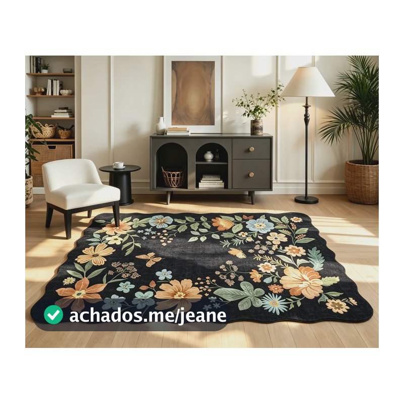 Tapete Sala Quarto 2,50x3,00 Orgânico Antiderrapante Lavável 2.5 M 3 M Borda Arredondada Preto Floral
