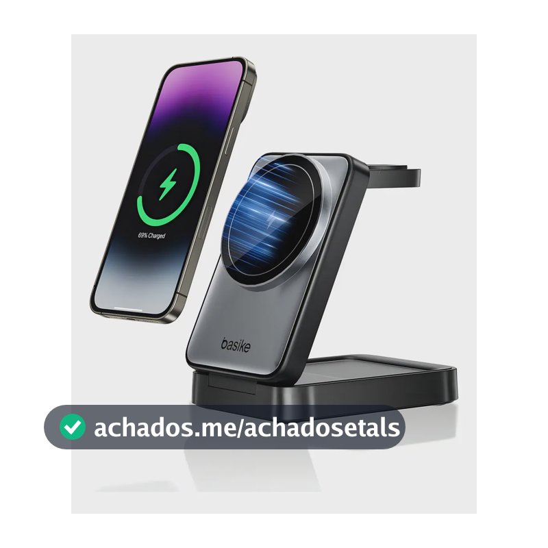Carregador Indução Sem Fio 3em1 Basike Magsafe iPhone 17 16 15 14 Apple Watch AirPods Dobrável