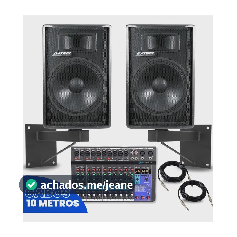 Kit 2 Caixa Som 600w RMS Titanio 15 Polegadas Amplificada Ativa Passiva Acustica Profissional Datrel Console Mesa Som 12 Canais Bluetooth Usb Mixer Efeitos Dsp Combo Suporte Parede Igreja Eventos Show
