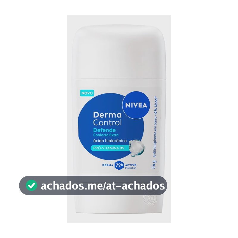 NIVEA Desodorante Antitranspirante Stick Derma Control Defende 54g, BBB 26, Proteção 72h, Previne Irritações, Ácido Hialurônico, Conforto Extra