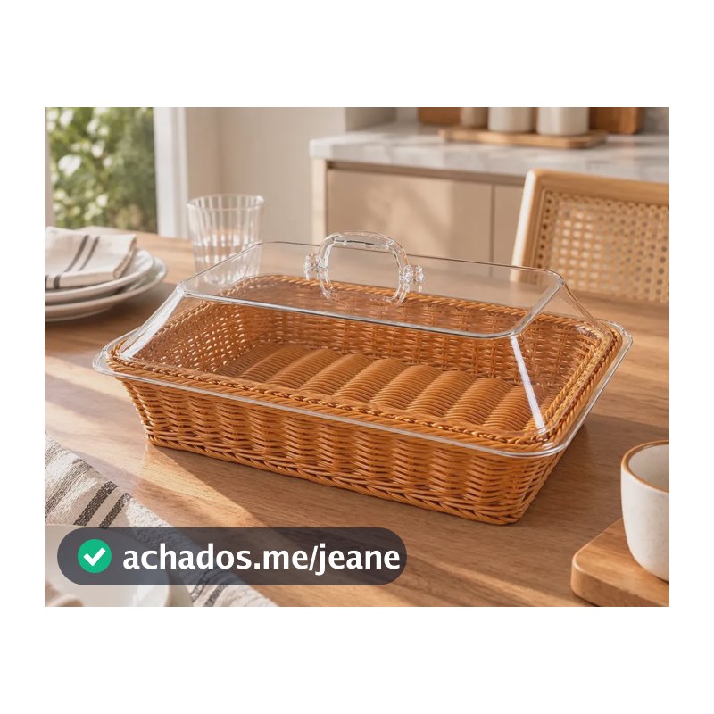Cesto De Pão E Frutas Vime Sintético E Rattan Com Tampa Marrom Sem Desenho