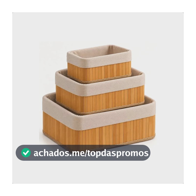 Kit 3 Cestos Organizadores de Bambu Retangulares com Forro para Casa e Banheiro