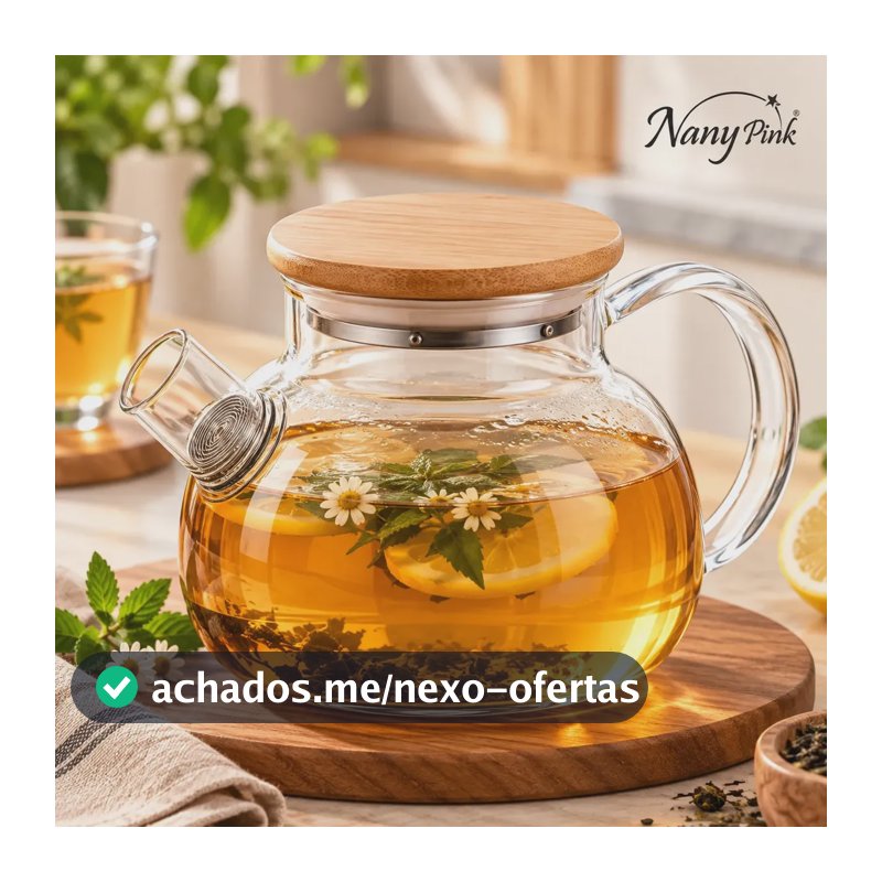 Bule Chaleira de Vidro Borossilicato 800ml com Tampa de Bambu e Filtro Infusor Inox para Chá Café Água Quente - Nany Pink
