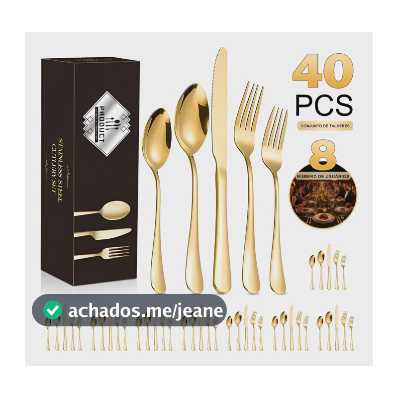 Jogo 40 Peças Conjunto Talheres Inox Faqueiro Dourado Ouro