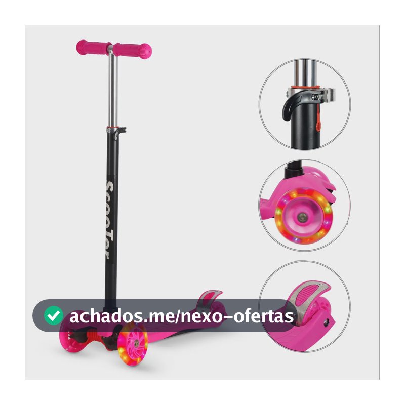 Patinete Infantil Rosa 4 Rodas Luz LED Reforçado Altura Ajustável 70kg Desmontável Menina