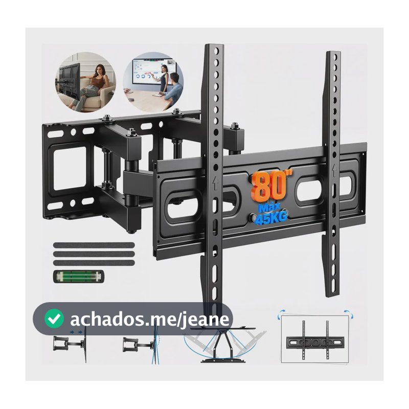 Suporte Para Tv Articulado Lcd Led 32 40 42 50 55 65 70 80 Hrtral Suporte Tv Parede Suporta 45 kg Braço Duplo Articulado Com Giro,Inclinação e Extensão VESA Máximo 600x400 mm Várias Paredes Cor Preto