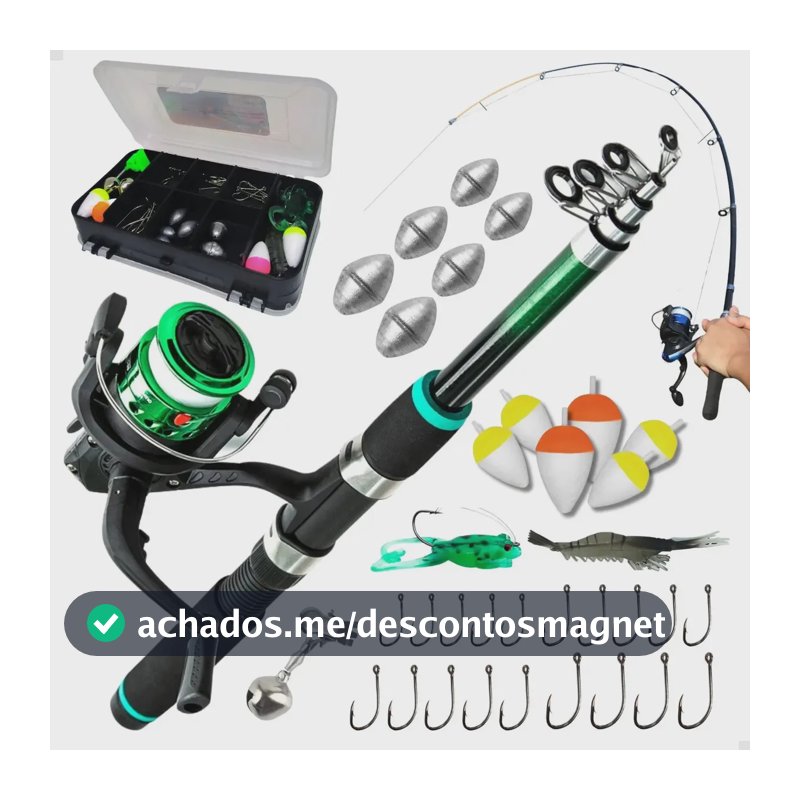 Pescamping Kit Pesca Completo - 1 Vara Fibra De Vidro E 1 Molinete Leve Com Linha - Estojo Com Acessórios Bóias Chumbadas Anzóis E Mais Tralha Quite De Pescaria