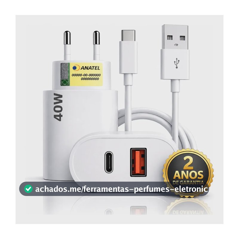 Carregador Turbo 2 Portas Usb-c + Usb Normal Bivolt Compatível iPhone 15 16 17, Xiaomi, Samsung, Motorola, LG Com Cabo 1m Tipo C Para C Carregamento Rápido Controle De Temperatura Seguro Scorpion