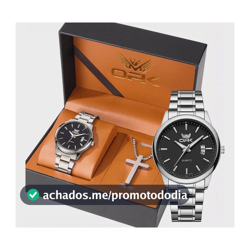 Opk Original Conjunto De Relógio E Colares Masculino 6010 Prateado Preto