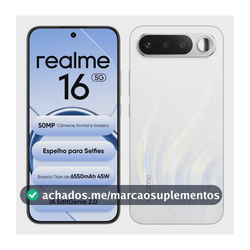 Smartphone Celular Realme 16 5g 256gb 12gb Ram Dual Sim Câmera De 50mp Lumacolor Image Espelho para Selfies Bateria 6550mah, Resistência à água Ip69 Pro, 4200nit Amoled Branco
