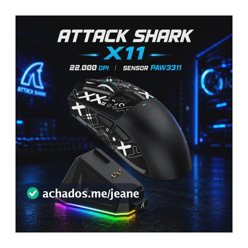 Mouse Gamer Attack Shark X11 Sem Fio Wireless Tri Mode 2.4GHz Bluetooth USB-C 22000 DPI Sensor PixArt PAW3311 1000Hz 63g Dock Base Carregamento Magnética RGB