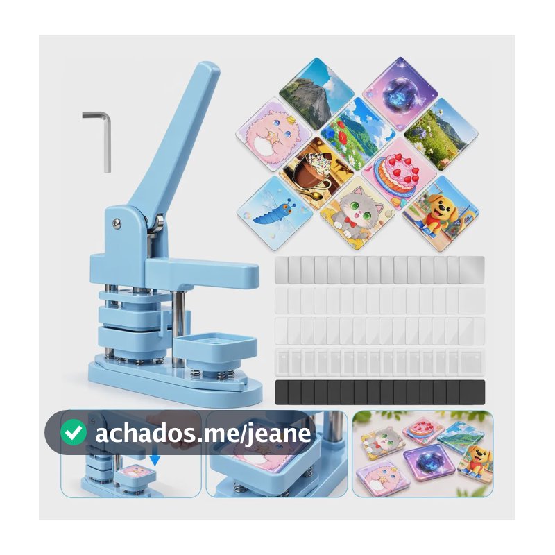 Máquina De Bottons Quadrada 50mm Azul Kit +100 Insumos