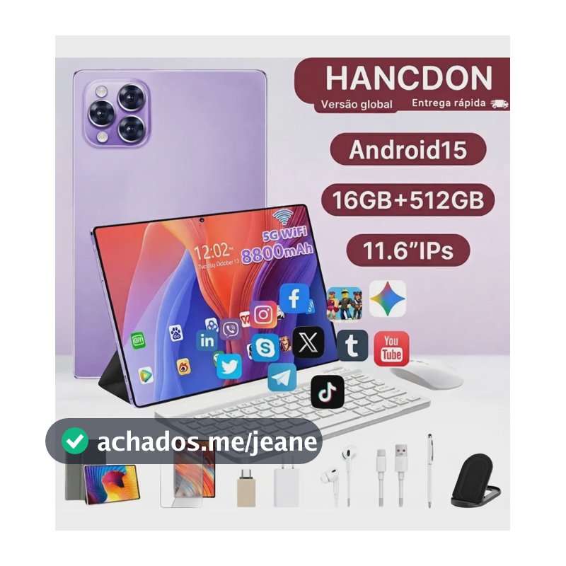 Tablet Hancdon 11.6 Polegadas Android 15 12gb Ram 512gb Deca Core Camera 48mp Wifi 5g Bateria 8800mah Roxo