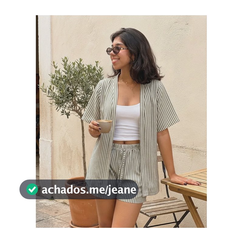 Conjunto Kimono E Short Listrado Feminino Casual Verão Verde M