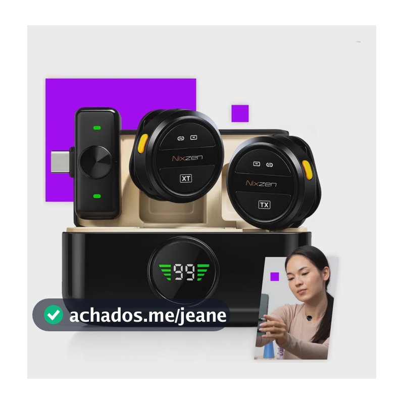 Microfone Lapela Redondo Sem Fio Tipo-C Duplo Anti Ruído P/ Android E iPhone 15 16 17 Com Caixinha Para Carregamento Portátil Cor Preto Nixzen