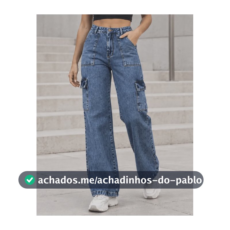 Calça Cargo Wide Leg Jeans Feminina Cintura Alta Bolsos Jeans Claro Liso 42