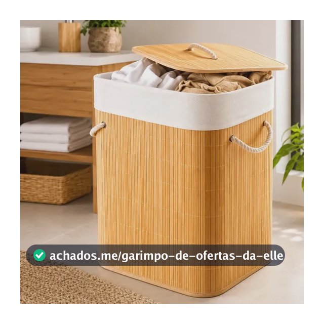 Cesto para Roupa Suja Dobrável de Bambu 72L com Tampa e Forro Removível