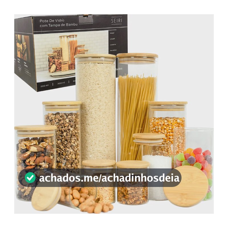 Kit 10 Potes Herméticos Vidro Tampa Bambu Seiri Para Mantimentos Cozinha