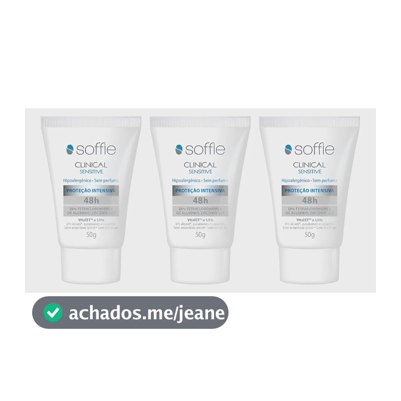 Desodorante Creme Antitranspirante Soffie Clinical Sensitive Sem Fragrância Kit 3