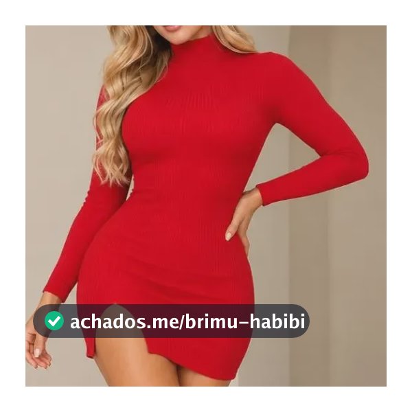 Vestido Tubinho Curto Gola Alta Manga Longa  Fenda Elegante