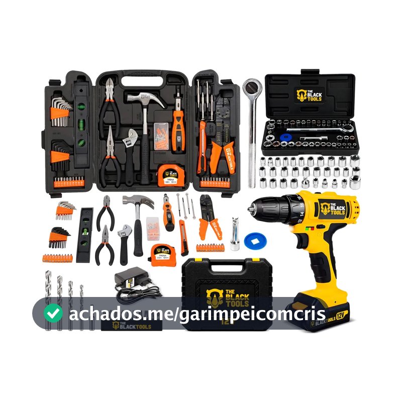 Kit Parafusadeira/Furadeira A Bateria 12V 3/8 Polegadas 10Mm + Jogo De Ferramentas 169 Peças Com Maleta The Black Tools
